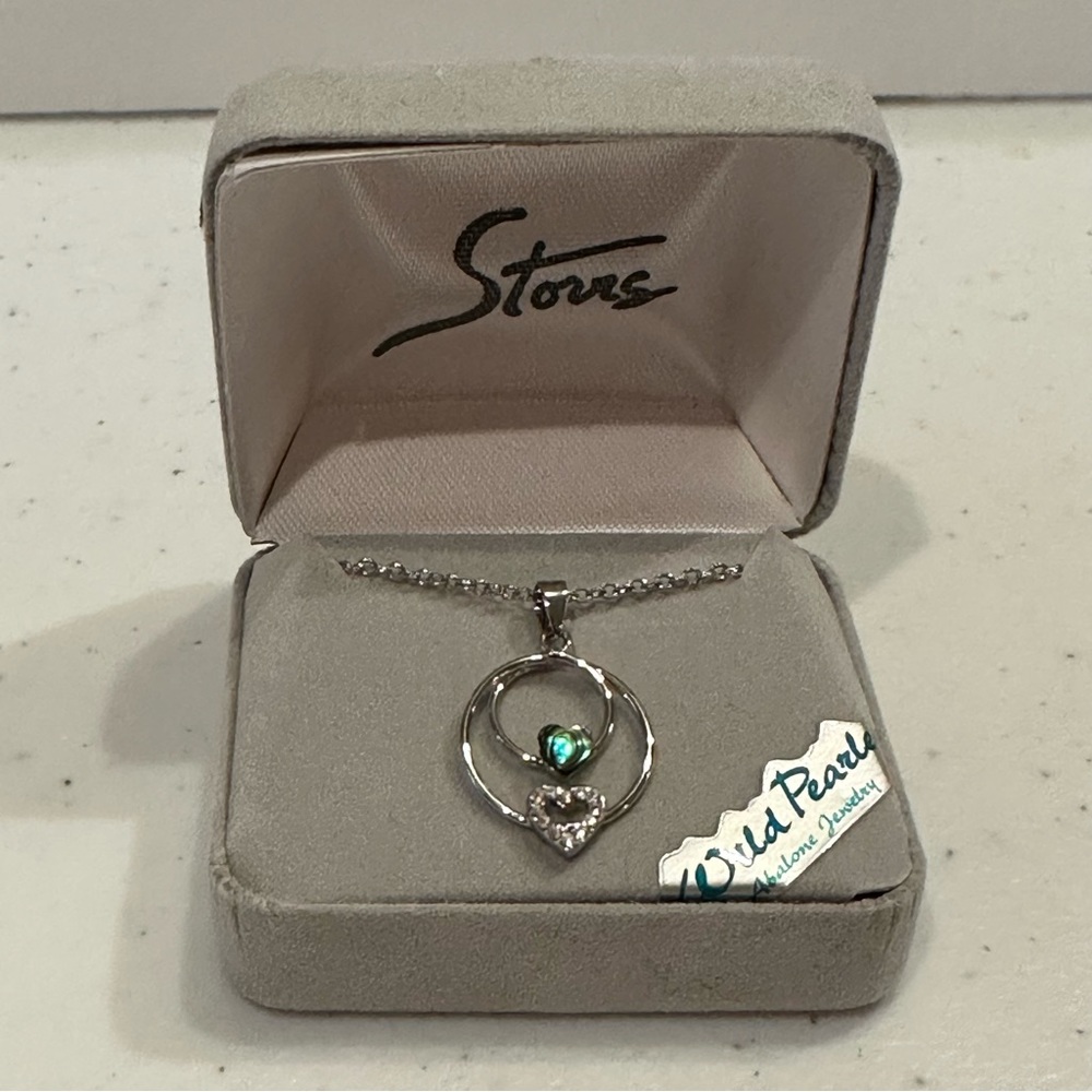 New in Box Wild Pearle Necklace, silver w/ genuine abalone & rhinestone hearts